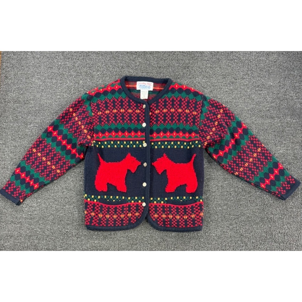 Vintage Tally-Ho Christmas Sweater Cardigan Scottie Dogs Fair Isle‎ Knit S
